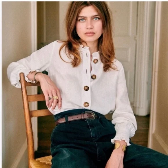 Sezane Khalie Linen White Button Down SZ EUR 36, US 4, S - Picture 1 of 7